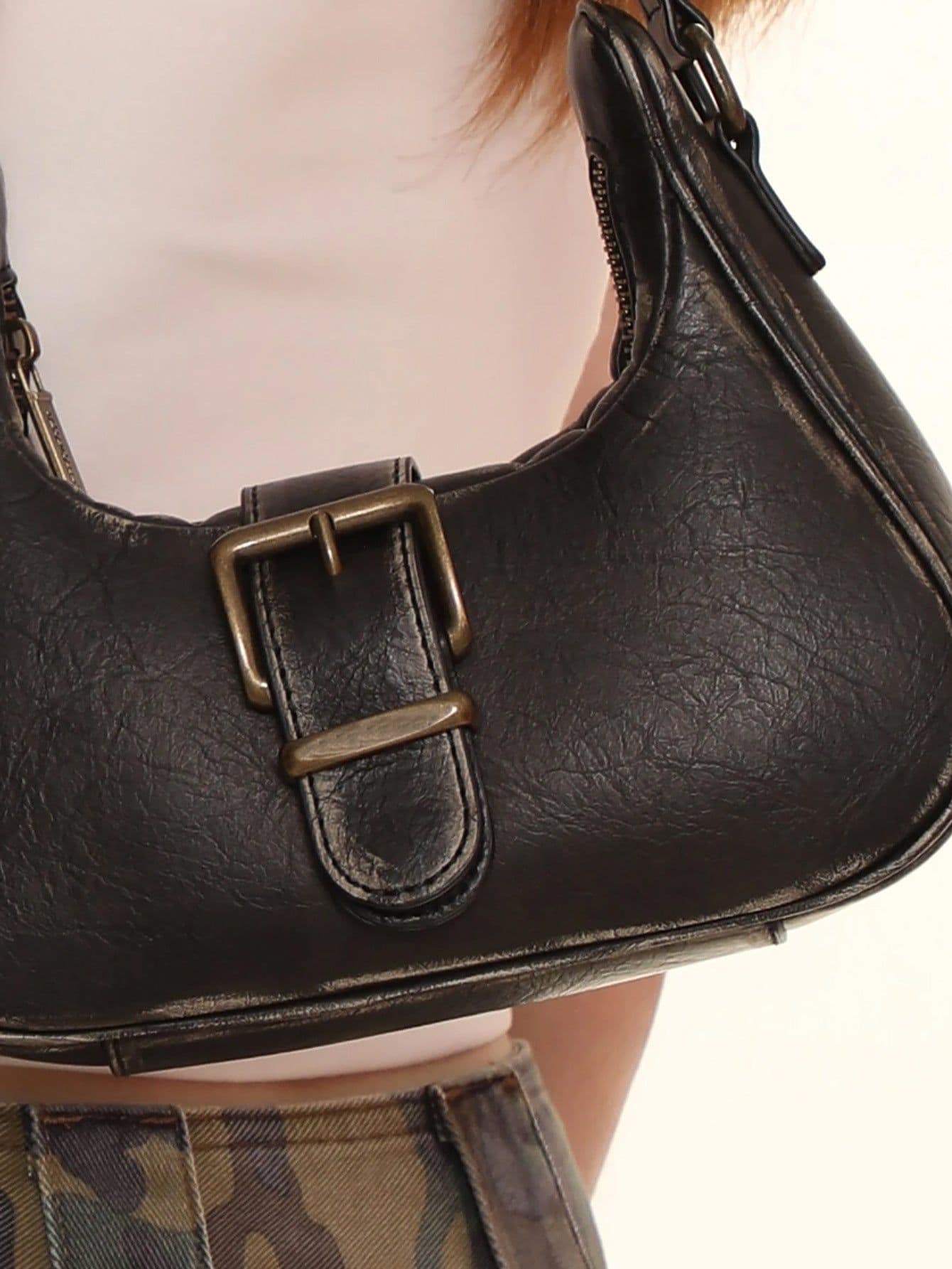 image-Vintage Vegetable Tanned Brushed Distressed Leather Pin Buckle Shoulder Bag
