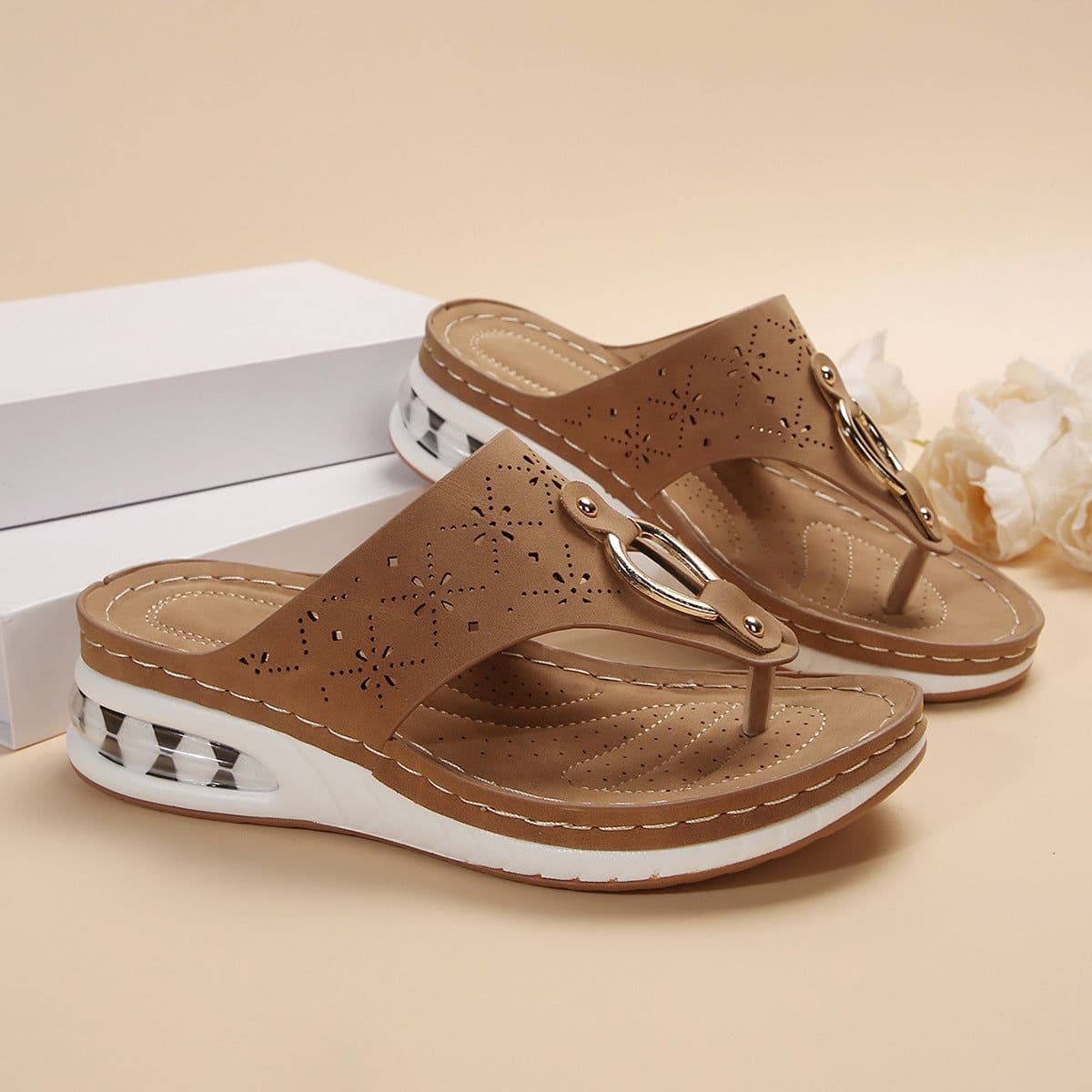 image-New Air Cushion Thong Sandals Summer Flip Flops Hollow Metal Buckle Wedges Shoes For Women Thick Sole Beach Shoes
