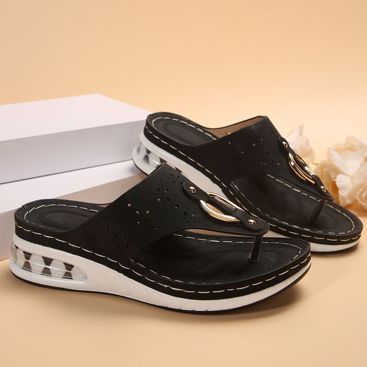 image-New Air Cushion Thong Sandals Summer Flip Flops Hollow Metal Buckle Wedges Shoes For Women Thick Sole Beach Shoes