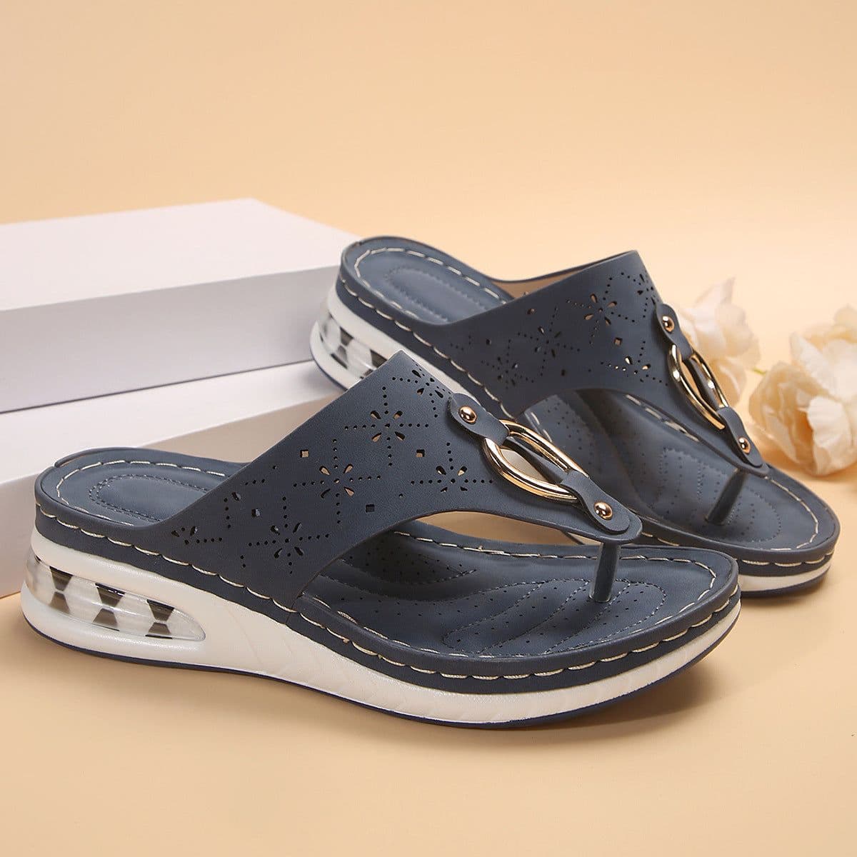 image-New Air Cushion Thong Sandals Summer Flip Flops Hollow Metal Buckle Wedges Shoes For Women Thick Sole Beach Shoes