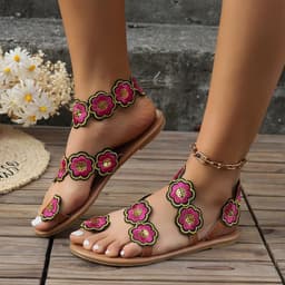 image-Ethnic Style Flowers Flat Sandals Summer Vacation Casual Clip Toe Beach Shoes For Women