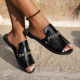 image-Pattern Chains Sandals Summer Fish Mouth Flat Slides Shoes Women Casual Vacation Beach Slippers