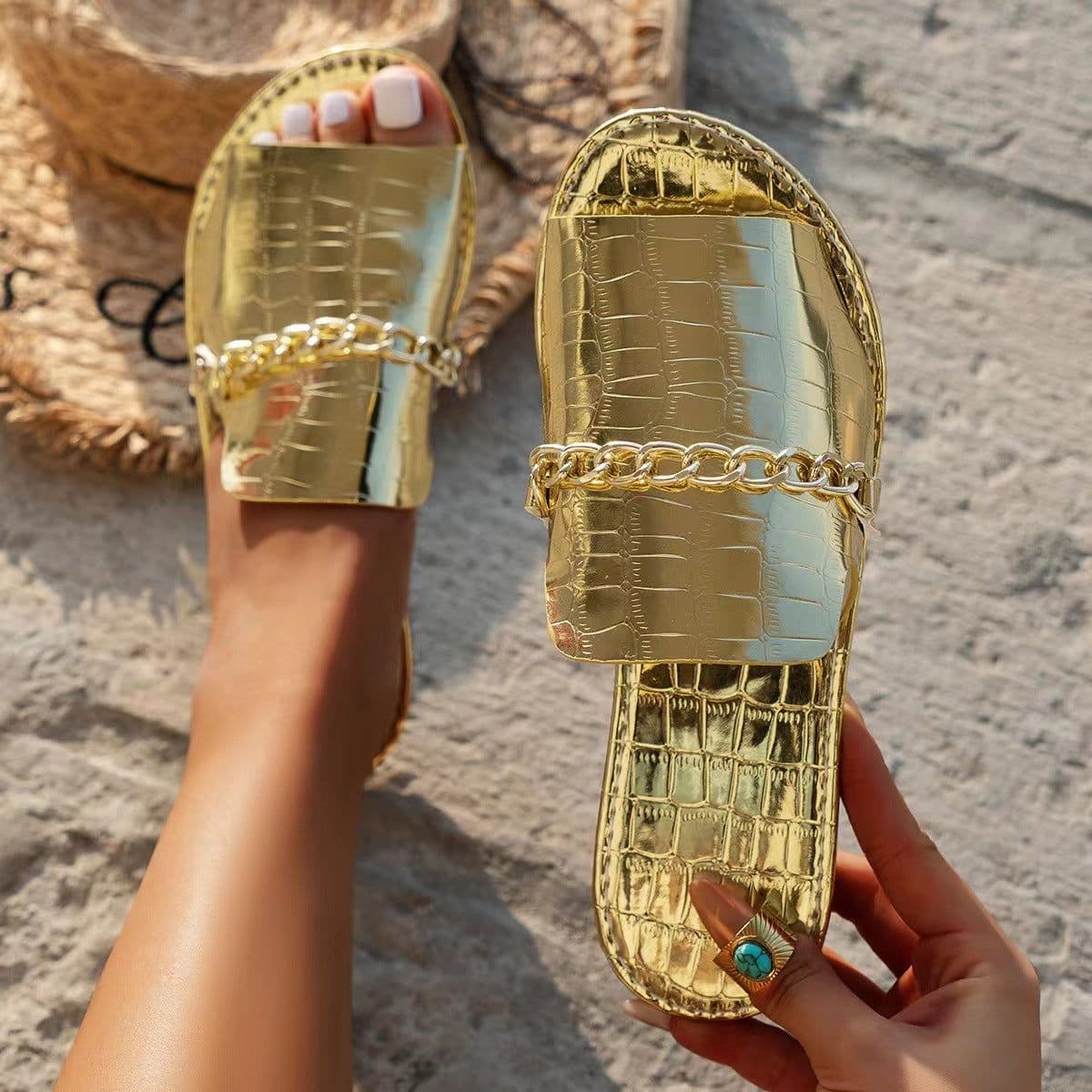 image-Pattern Chains Sandals Summer Fish Mouth Flat Slides Shoes Women Casual Vacation Beach Slippers
