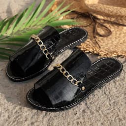 image-Pattern Chains Sandals Summer Fish Mouth Flat Slides Shoes Women Casual Vacation Beach Slippers