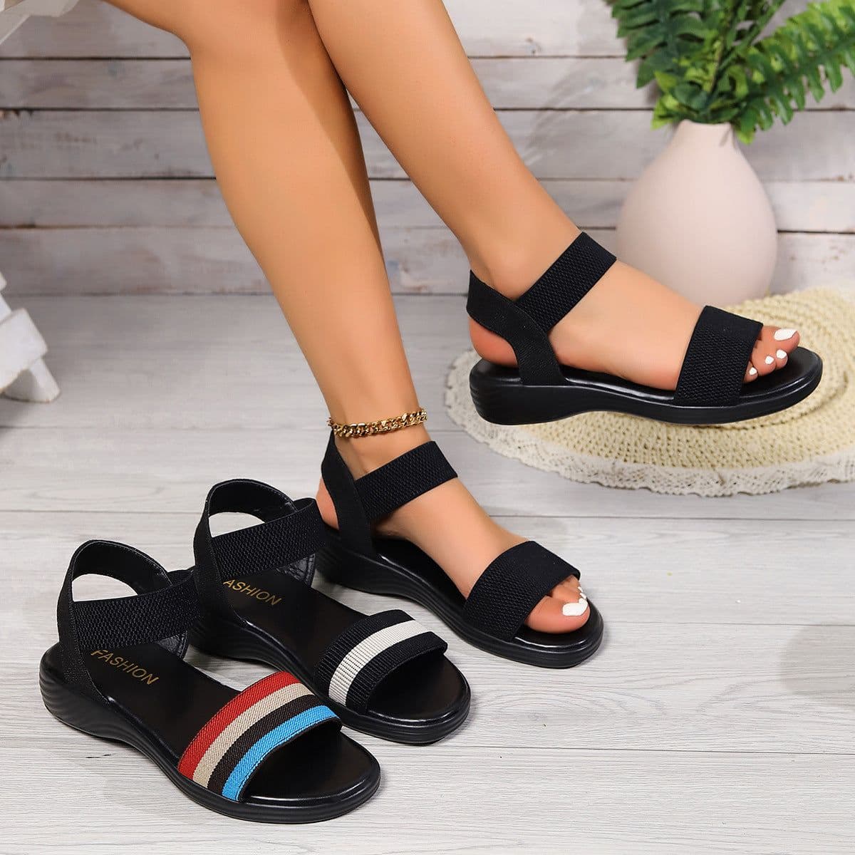 image-Fashion Color-block Elastic Sandals Summer Fashion Fish Mouth Flat Shoes For Women