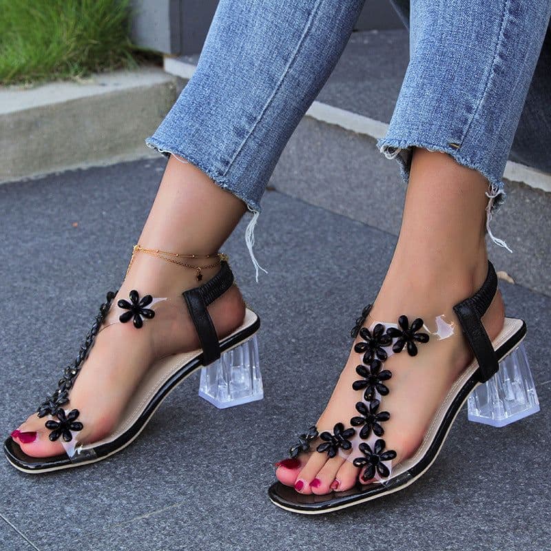 image-Fashion Flowers Sandals With Transparent High Square Heels Summer Square Toe Shoes For Women