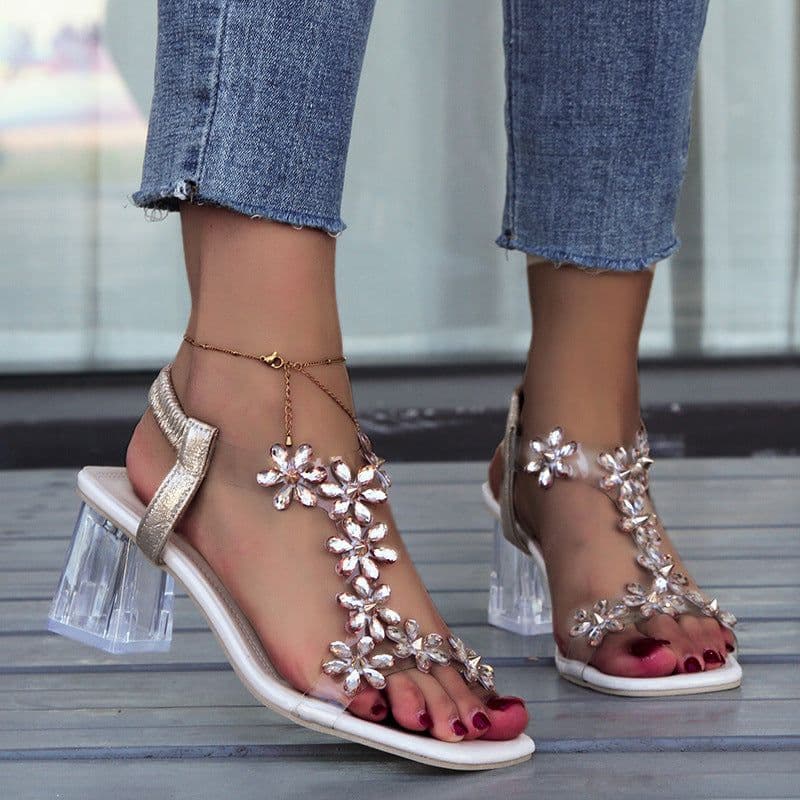 image-Fashion Flowers Sandals With Transparent High Square Heels Summer Square Toe Shoes For Women