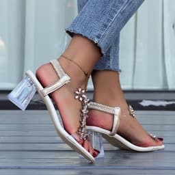 image-Fashion Flowers Sandals With Transparent High Square Heels Summer Square Toe Shoes For Women
