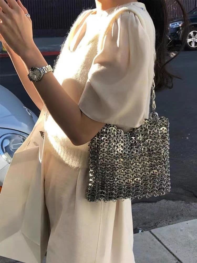 image-Shiny Pearl Sequins Hand-woven Dumpling Bag Mobile Phone Underarm Crossbody Bag