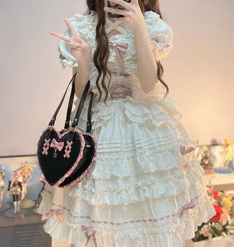image-Cross Heart Knot Cute Heart Shape Lace Crossbody Portable Shoulder Bag