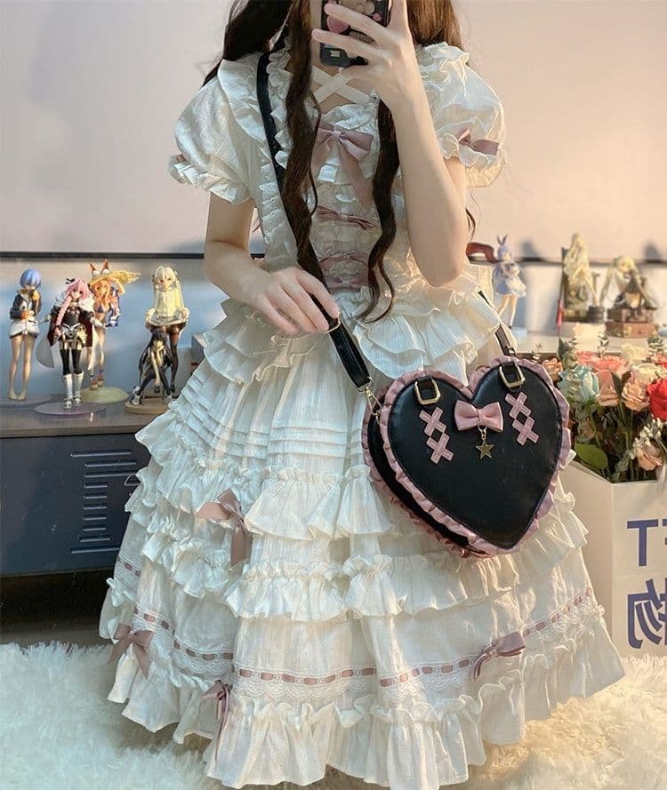 image-Cross Heart Knot Cute Heart Shape Lace Crossbody Portable Shoulder Bag