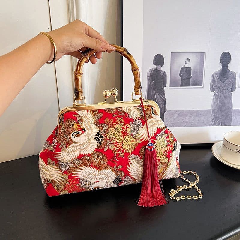 image-New Chinese Style Retro National Style Embroidered Clutch Bag Red-crowned Crane Handbag