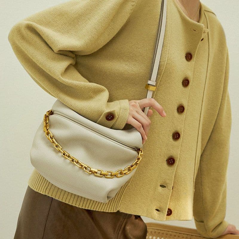 image-Leather Folds Clouds Bag Chain Shoulder Cowhide Crossbody Bag