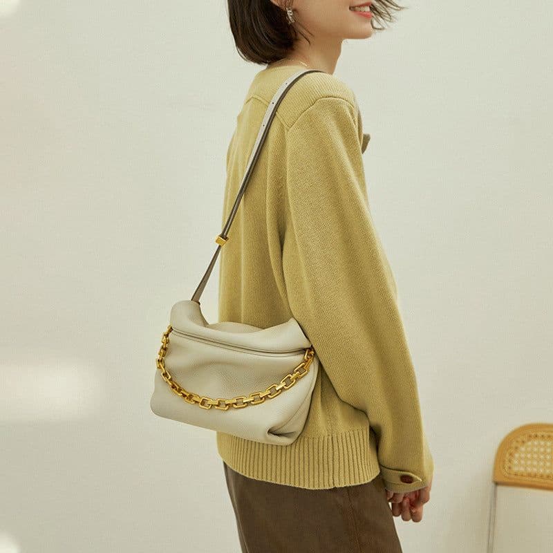 image-Leather Folds Clouds Bag Chain Shoulder Cowhide Crossbody Bag