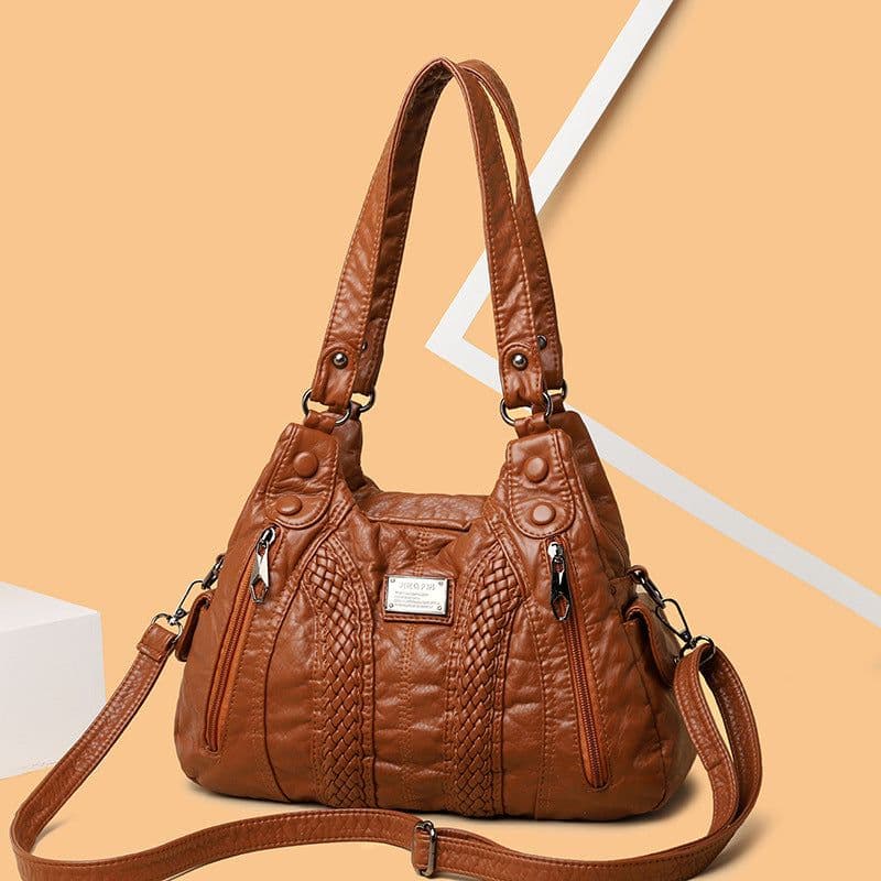 image-Real Washed Leather Woven Locomotive Commuter Large Capacity Soft Leather Portable Shoulder Bag For Women