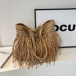 image-Straw Woven Women's Large Capacity Tassel Shoulder Bag