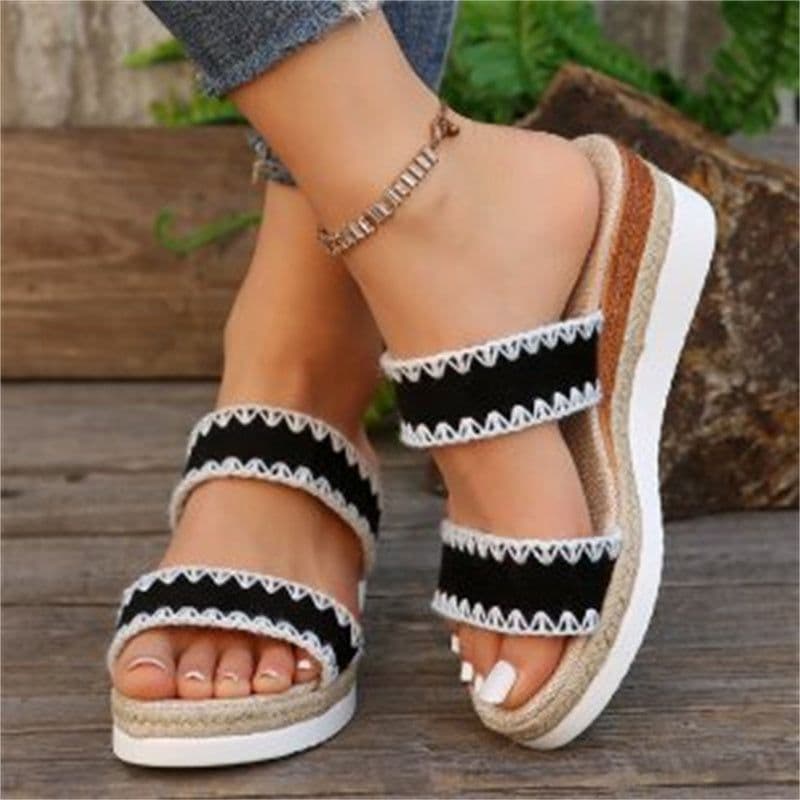 image-New Hemp Rope Woven Wedge Slippers Summer Ethnic Style Sandals Double Wide Strappy Shoes For Women