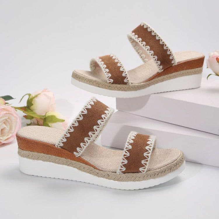 image-New Hemp Rope Woven Wedge Slippers Summer Ethnic Style Sandals Double Wide Strappy Shoes For Women