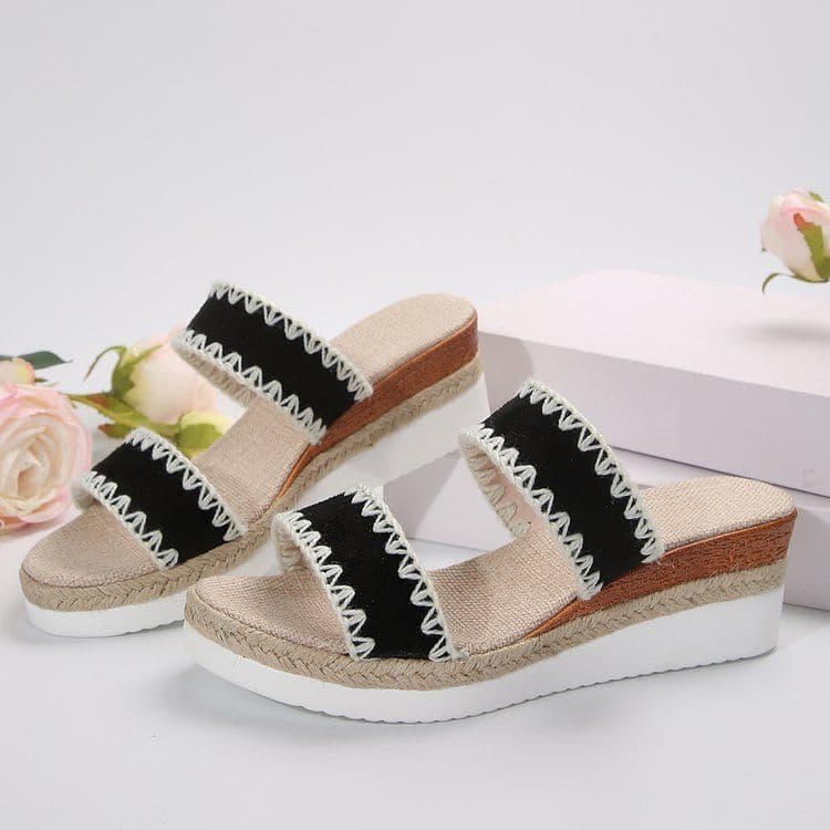image-New Hemp Rope Woven Wedge Slippers Summer Ethnic Style Sandals Double Wide Strappy Shoes For Women