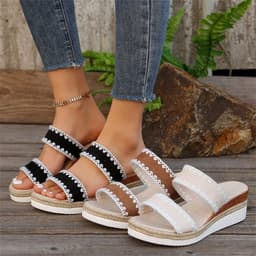 image-New Hemp Rope Woven Wedge Slippers Summer Ethnic Style Sandals Double Wide Strappy Shoes For Women
