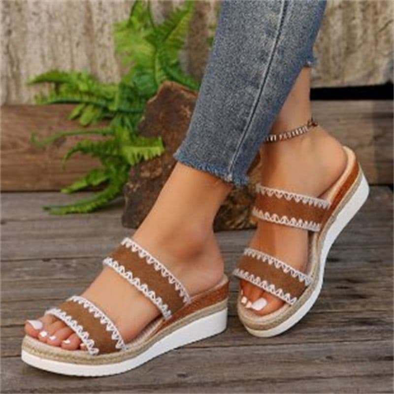 image-New Hemp Rope Woven Wedge Slippers Summer Ethnic Style Sandals Double Wide Strappy Shoes For Women