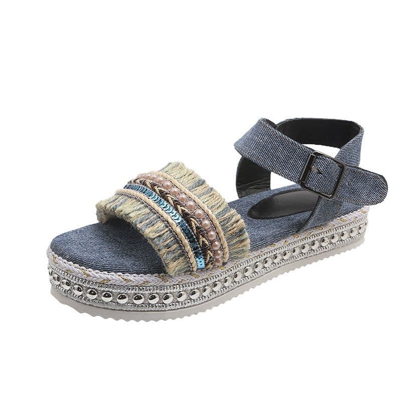 image-Fashion Tassel Denim Sandals With Thick-soled Flat Heel New Summer Hemp Rope Sole Ethnic Style Shoes For Women
