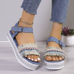 image-Fashion Tassel Denim Sandals With Thick-soled Flat Heel New Summer Hemp Rope Sole Ethnic Style Shoes For Women
