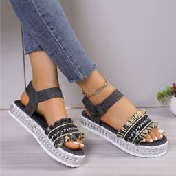 image-Fashion Tassel Denim Sandals With Thick-soled Flat Heel New Summer Hemp Rope Sole Ethnic Style Shoes For Women