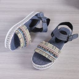 image-Fashion Tassel Denim Sandals With Thick-soled Flat Heel New Summer Hemp Rope Sole Ethnic Style Shoes For Women