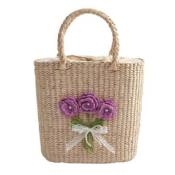 image-Casual Hand-woven Straw Bag Verticle Square Flower Purple