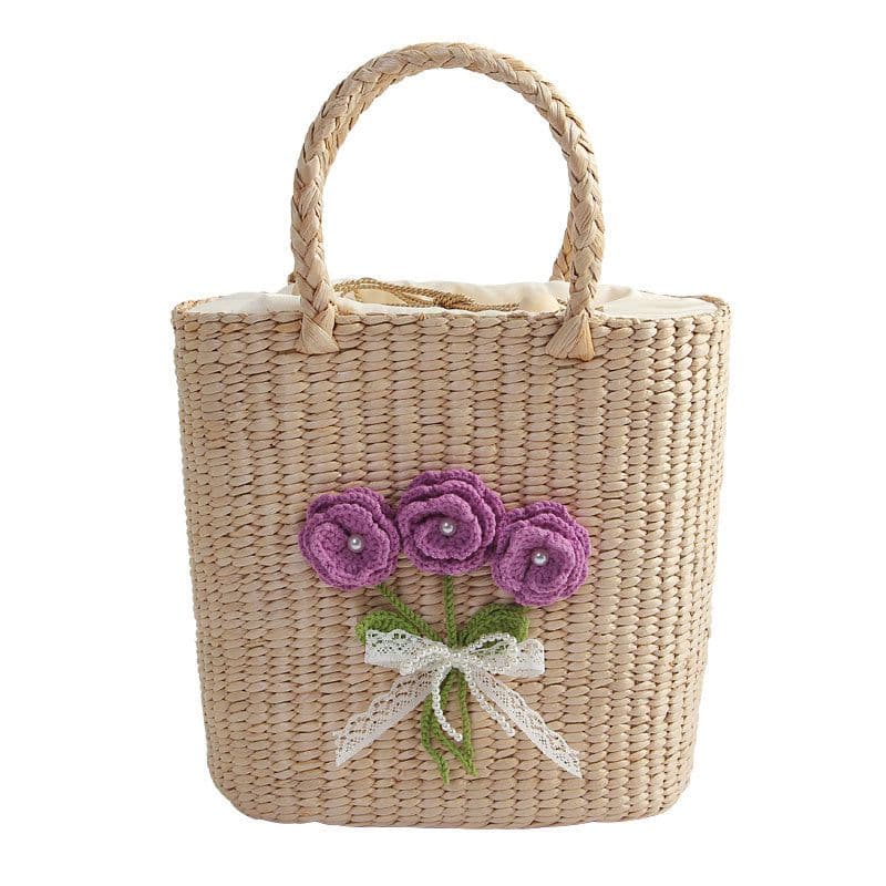 image-Casual Hand-woven Straw Bag Verticle Square Flower Purple