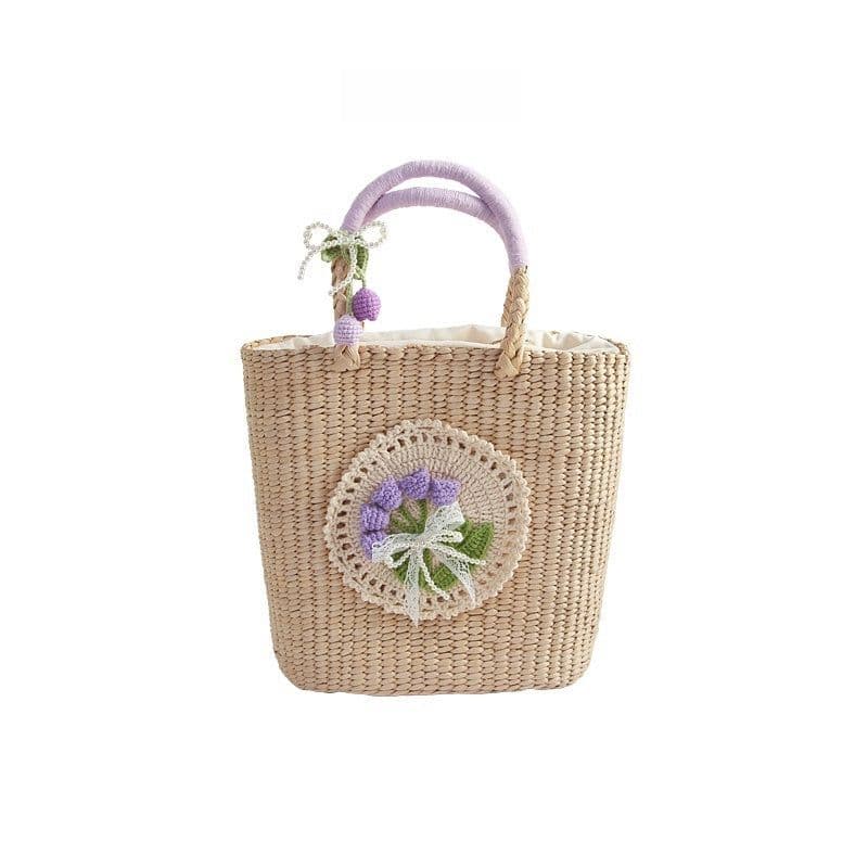 image-Casual Hand-woven Straw Bag Verticle Square Flower Purple
