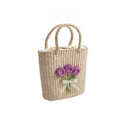 image-Casual Hand-woven Straw Bag Verticle Square Flower Purple