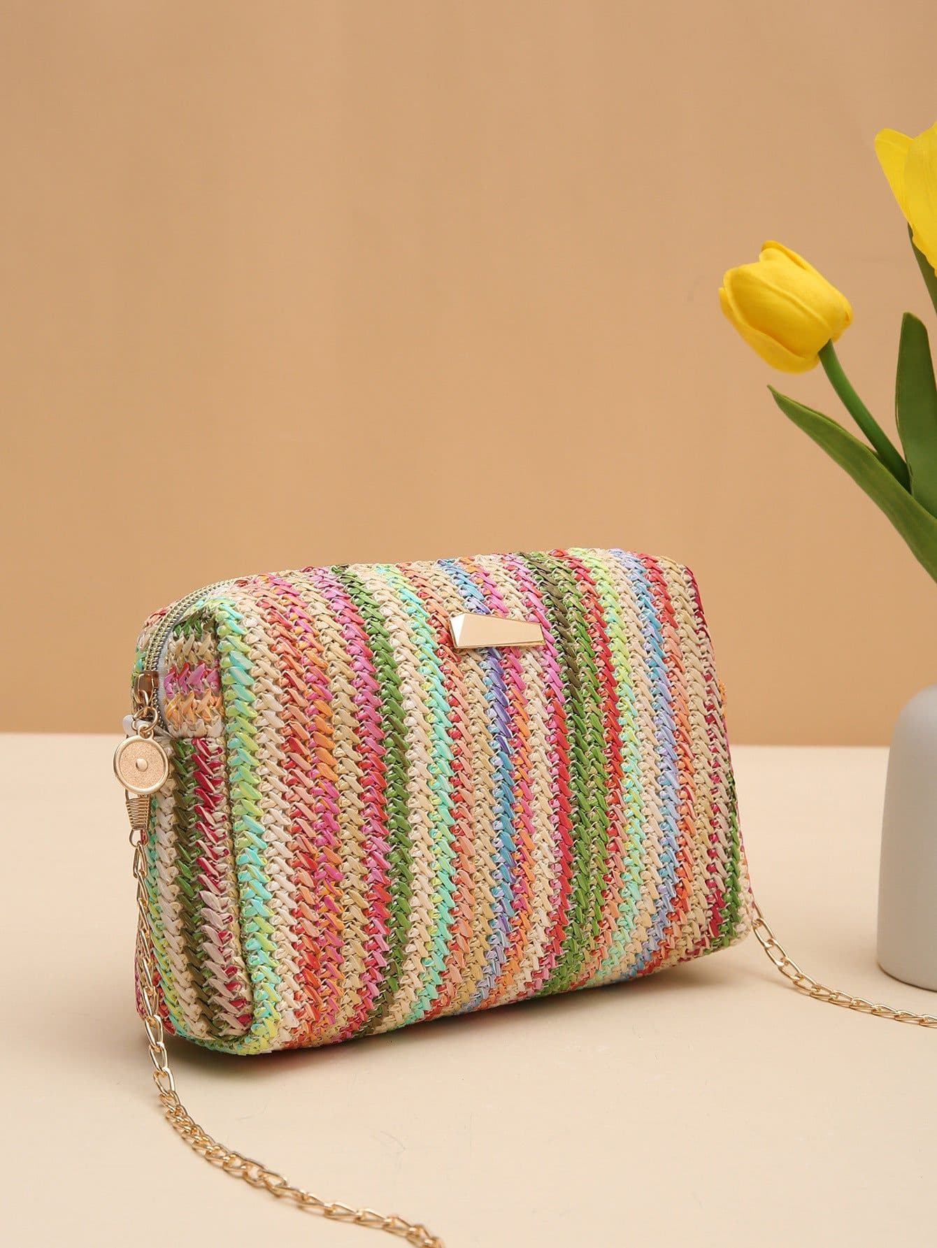 image-Rainbow Straw Bag Woven Camera Bag All-match Girls Crossbody Bag
