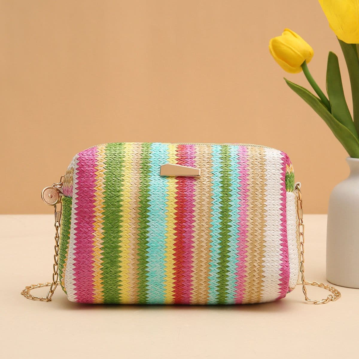 image-Rainbow Straw Bag Woven Camera Bag All-match Girls Crossbody Bag