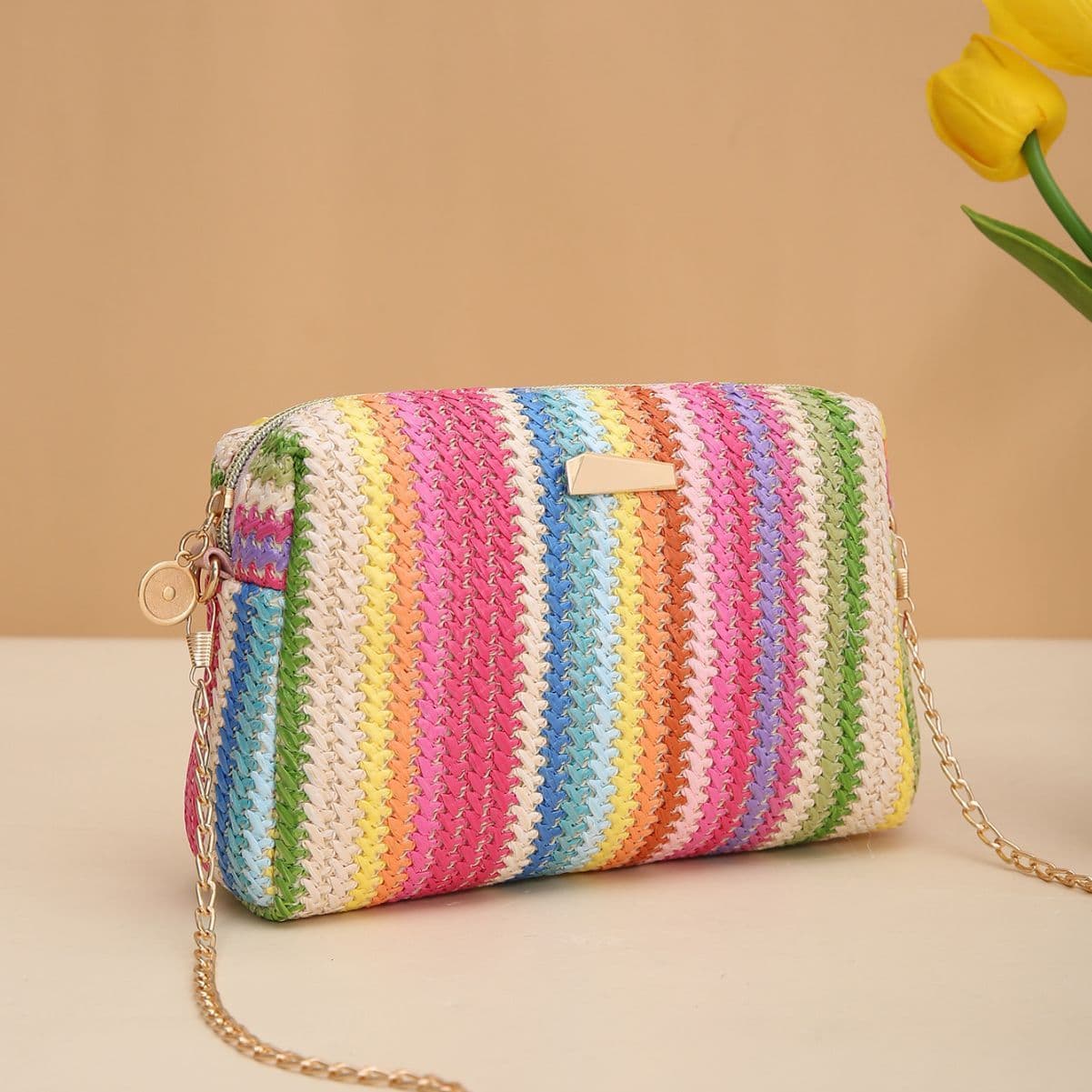 image-Rainbow Straw Bag Woven Camera Bag All-match Girls Crossbody Bag