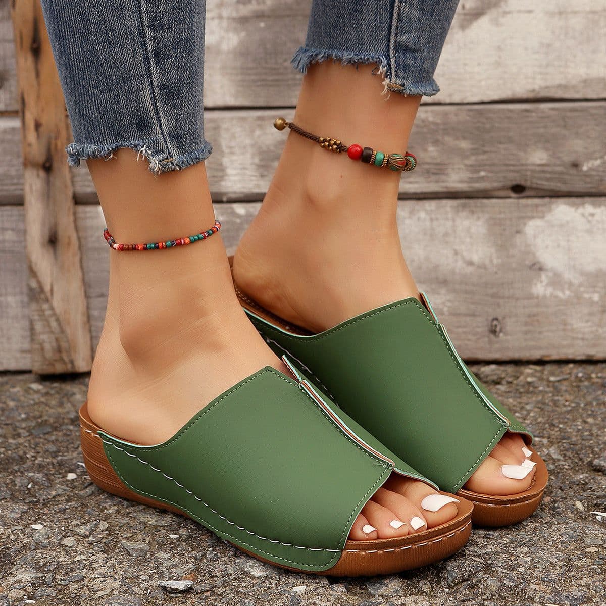 image-Fashion Solid Wedges Sandals Summer Casual Peep-toe Slippers Outdoor Thick Sole Heightening Slides Shoes Women