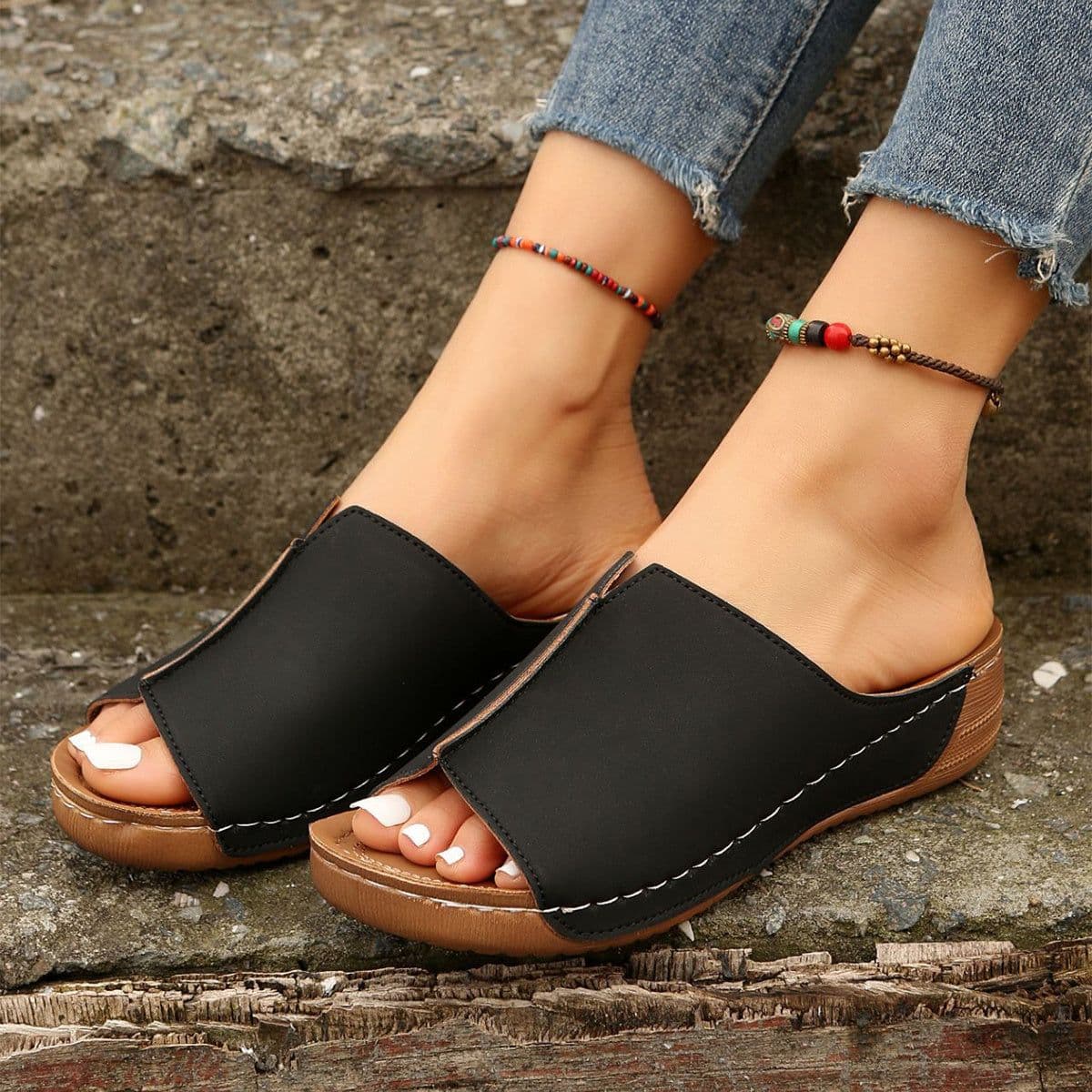 image-Fashion Solid Wedges Sandals Summer Casual Peep-toe Slippers Outdoor Thick Sole Heightening Slides Shoes Women