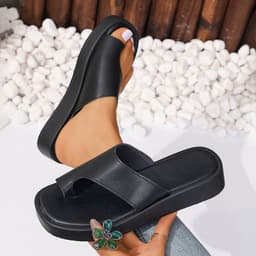 image-Thick-soled Clip Toe Flat Slippers Outdoor Summer Casual Solid Color Slides Shoes For Women