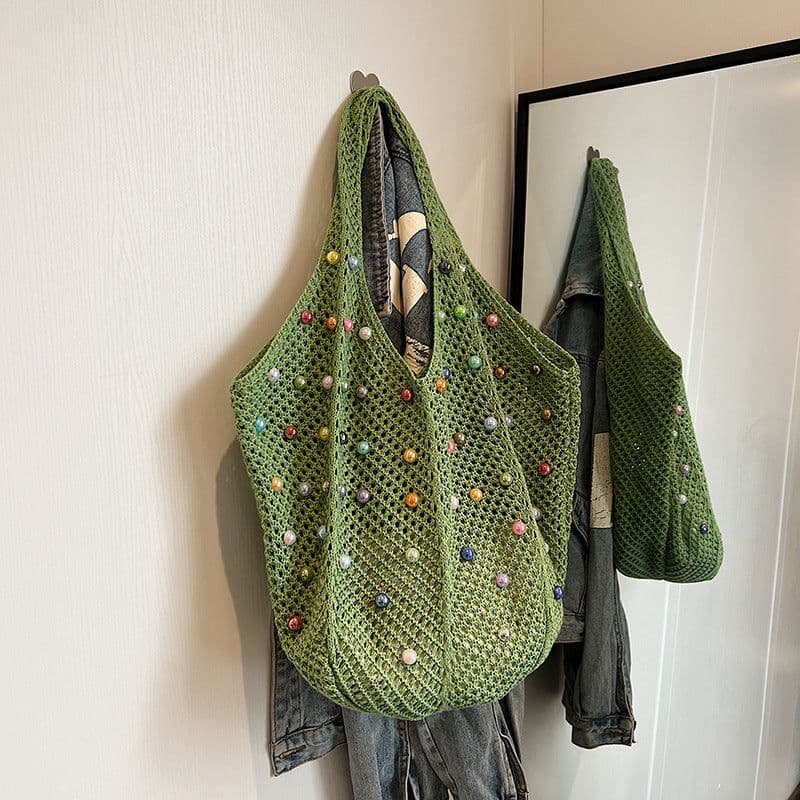 image-Knitted Tote Portable Women's Japanese Style Handmade Woven Bag Hollowed Leisure
