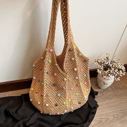 image-Knitted Tote Portable Women's Japanese Style Handmade Woven Bag Hollowed Leisure