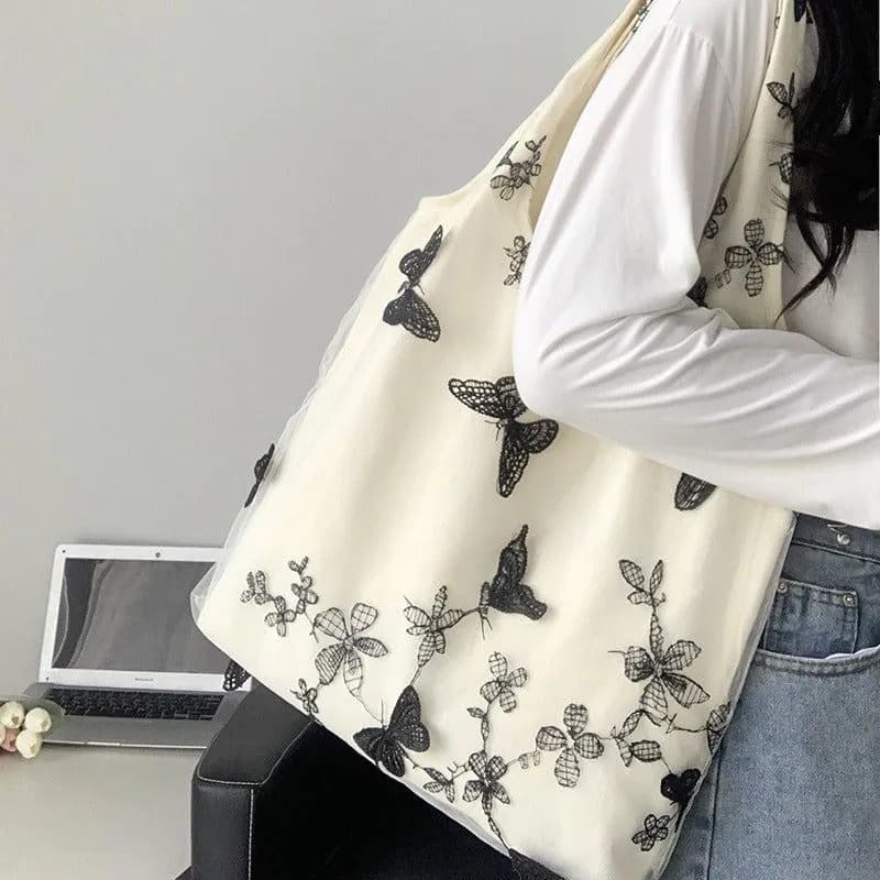 image-Embroidered Black Butterfly Canvas Bag Lace Women's Artistic