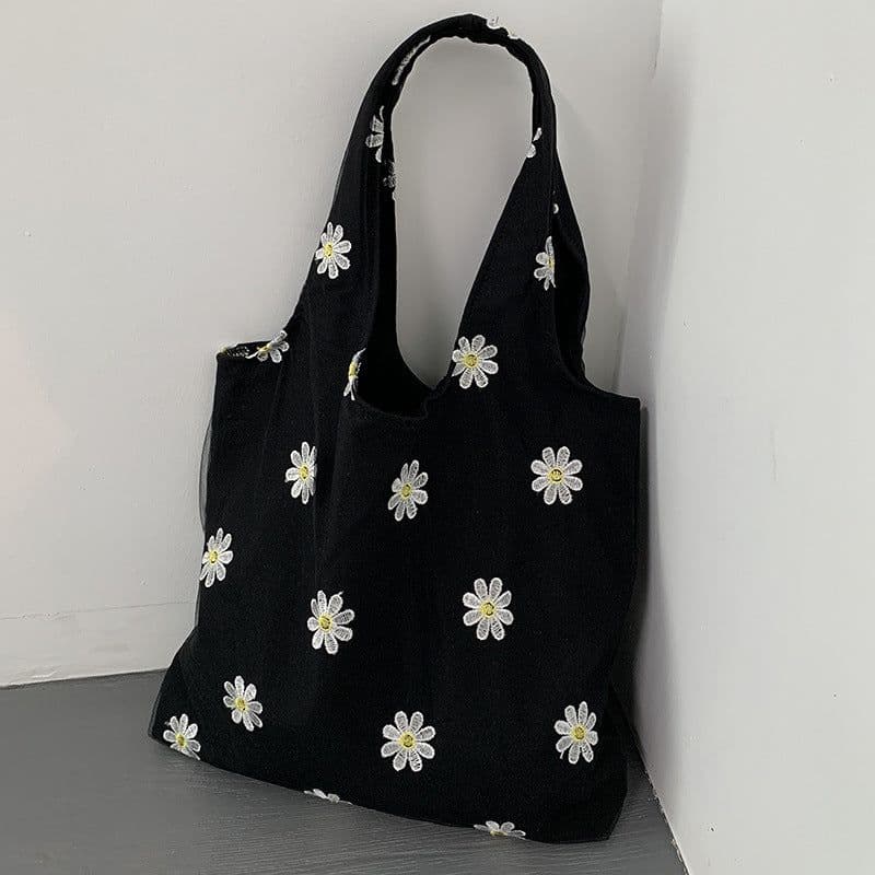 image-Embroidered Black Butterfly Canvas Bag Lace Women's Artistic