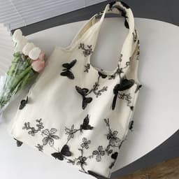 image-Embroidered Black Butterfly Canvas Bag Lace Women's Artistic