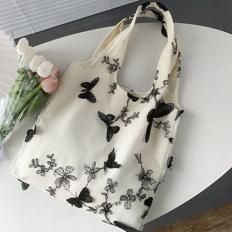 image-Embroidered Black Butterfly Canvas Bag Lace Women's Artistic