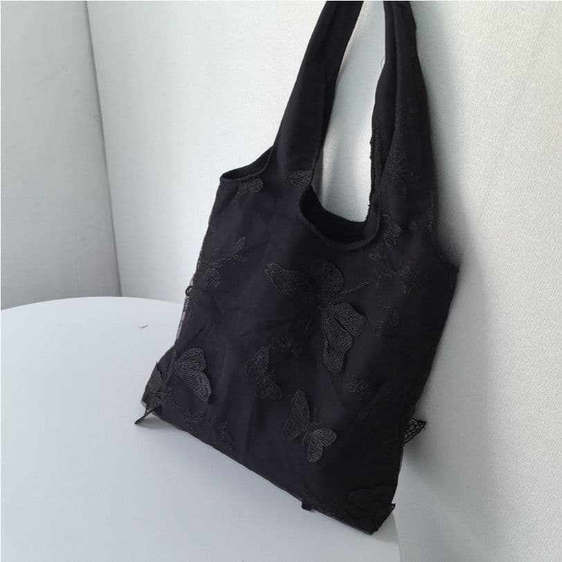 image-Embroidered Black Butterfly Canvas Bag Lace Women's Artistic