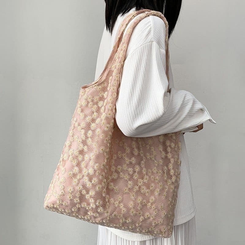 image-Embroidery Canvas Minimalism Flower Laced One-shoulder Bag