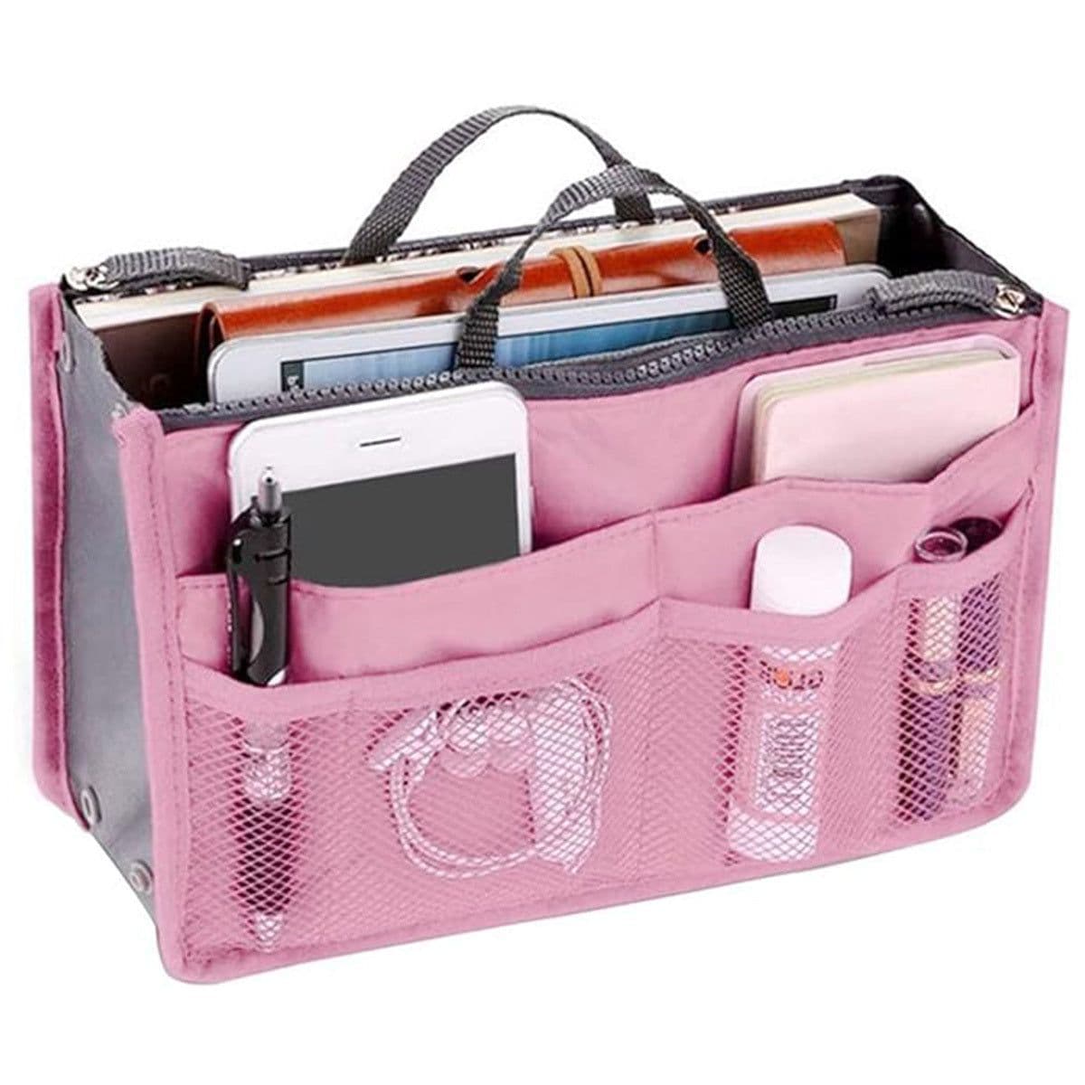 image-Handbag Organizer Insert For Women With 13 Pockets Large Capacity Lining Zipper Handle Portable Women's Purse Bag Travel Documents Cards Small Items