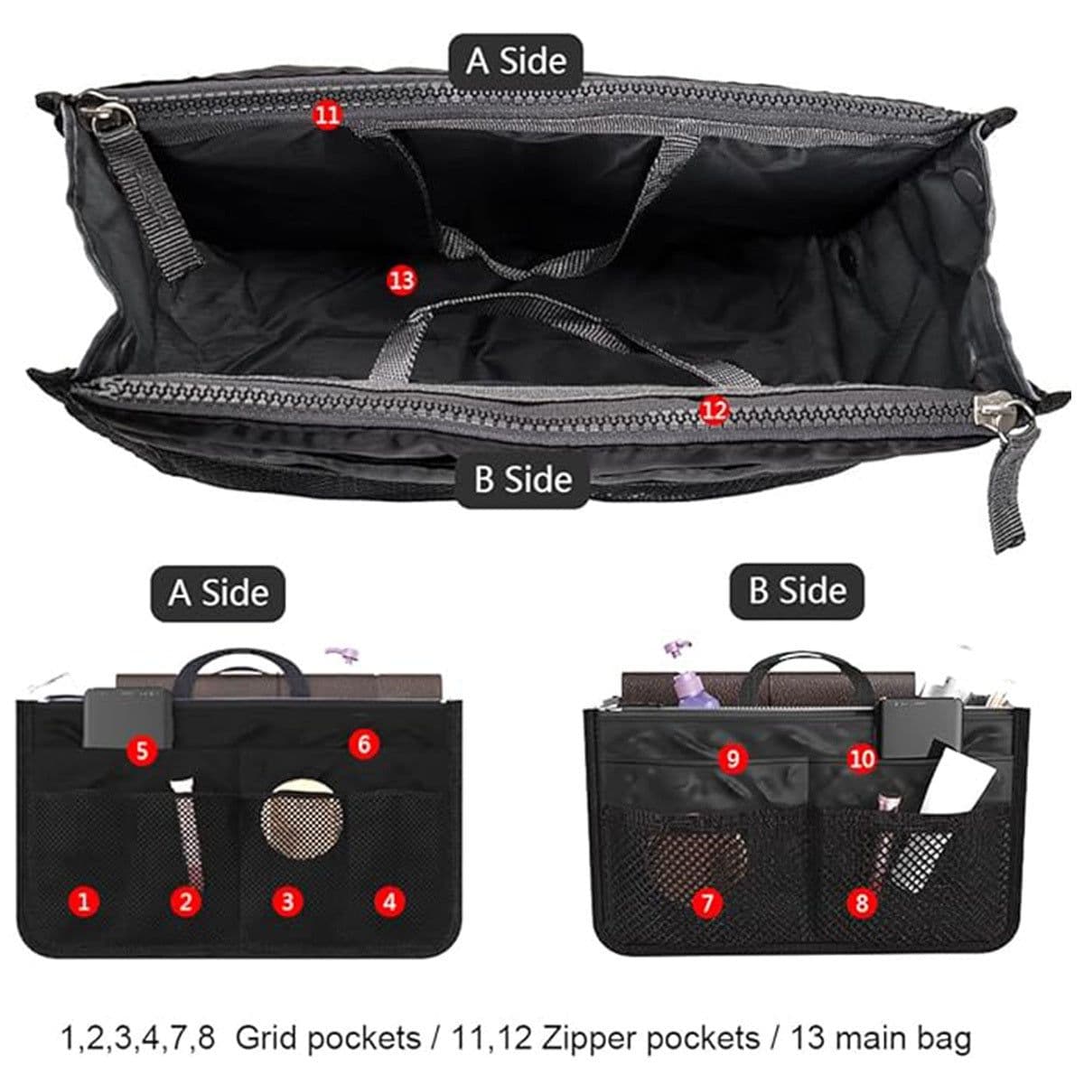 image-Handbag Organizer Insert For Women With 13 Pockets Large Capacity Lining Zipper Handle Portable Women's Purse Bag Travel Documents Cards Small Items