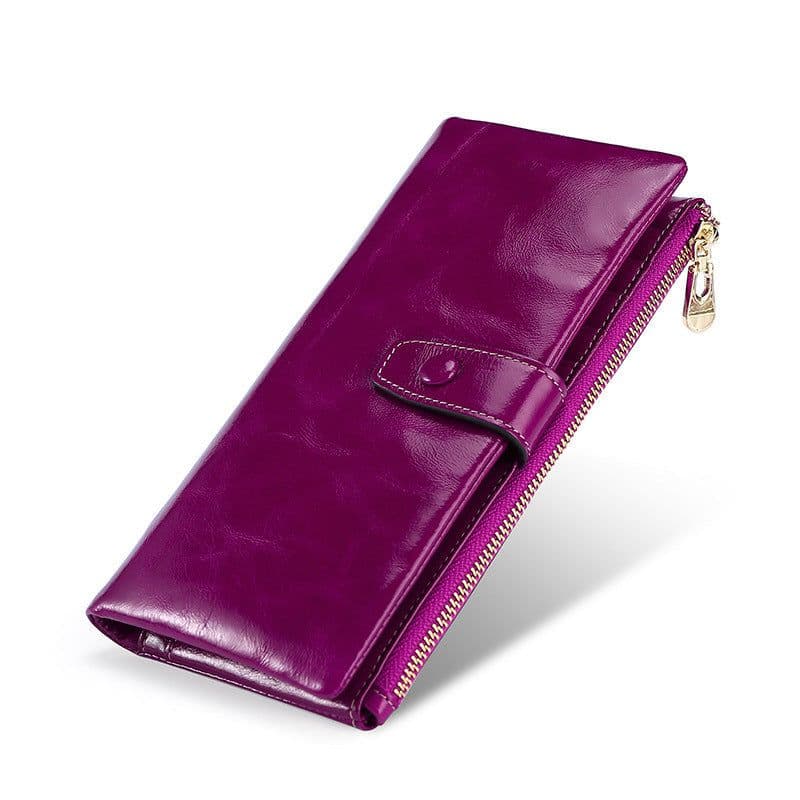 image-Women's Real Leather Long Multiple Card Slots Hand-held Retro Oil Wax Skin Coin Purse